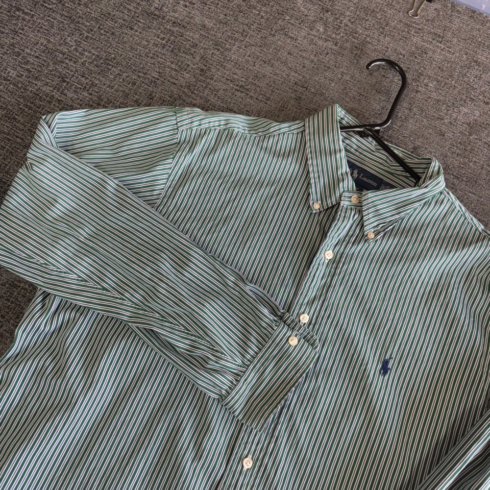 Ralph Lauren Button‎ Down Shirt 17.5 34/35 Green Navy White Striped Custom Fit